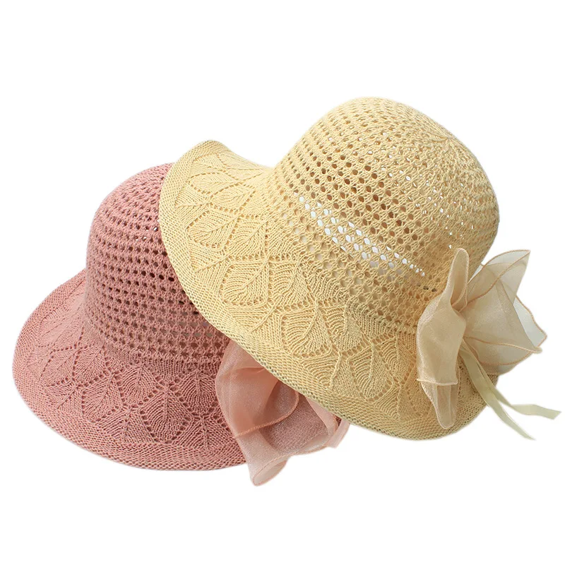 Summer Hats For Women bowknot openwork kniting bucket hat folding outdoor travel shade fisherman hat Sun protection Basin cap