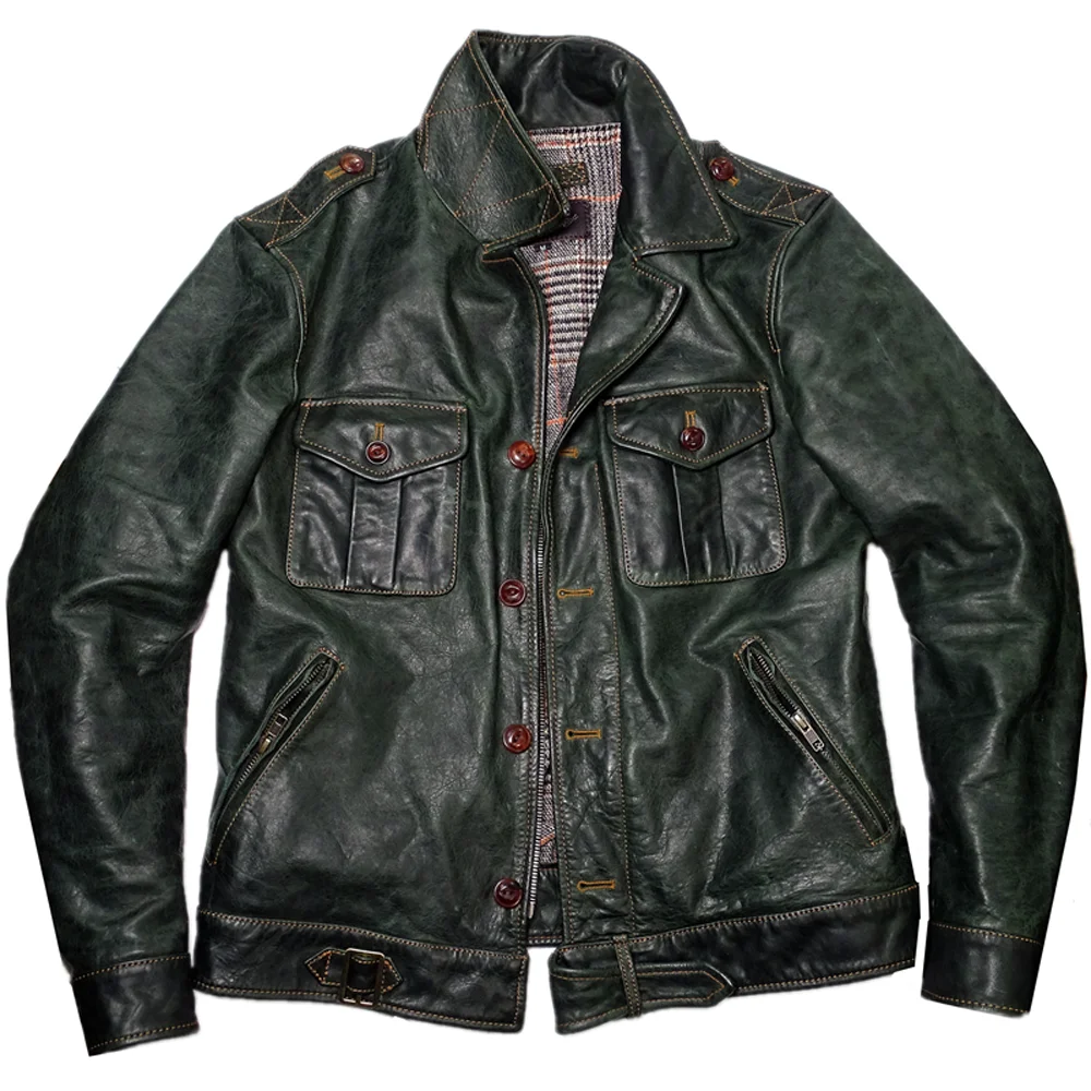 

Genuine Leather Mens Jacket and Coat Luxury Green Horsehide Leather Bright Jacket Man Windbreaker Plus Size 5XL Trench Coat