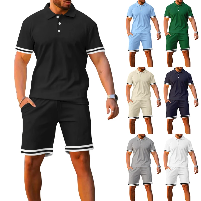 New Summer Men's Casual Polo Suits Button Lapel Short Sleeve Polo Shirt Set Stylish Solid Color Shorts 2 Pieces Sets