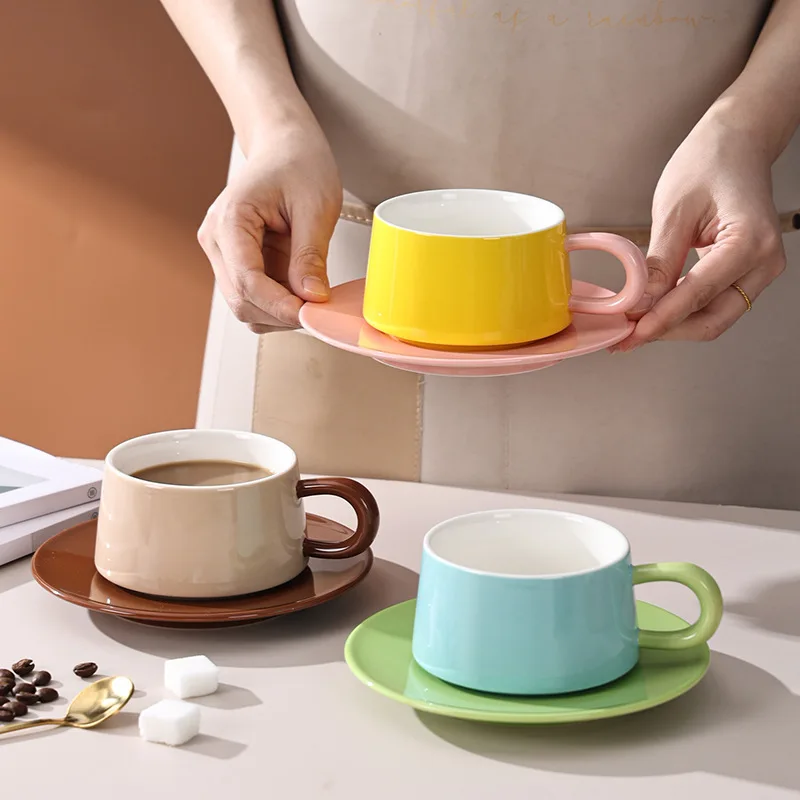 

Simple Ceramic Mug Frosted Macaron Ceramic Coffee Cup Saucer Creative Concentrated Tea Juice Breakfast Milk Cup Saucer Set 250ml