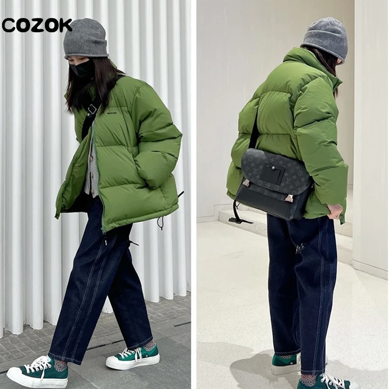 2022 Winter Oversized Green Down Cotton Jacket Women Fashion Zipper Stand Collar Thick Warm Puffer Coat Black Loose Parkas Coat