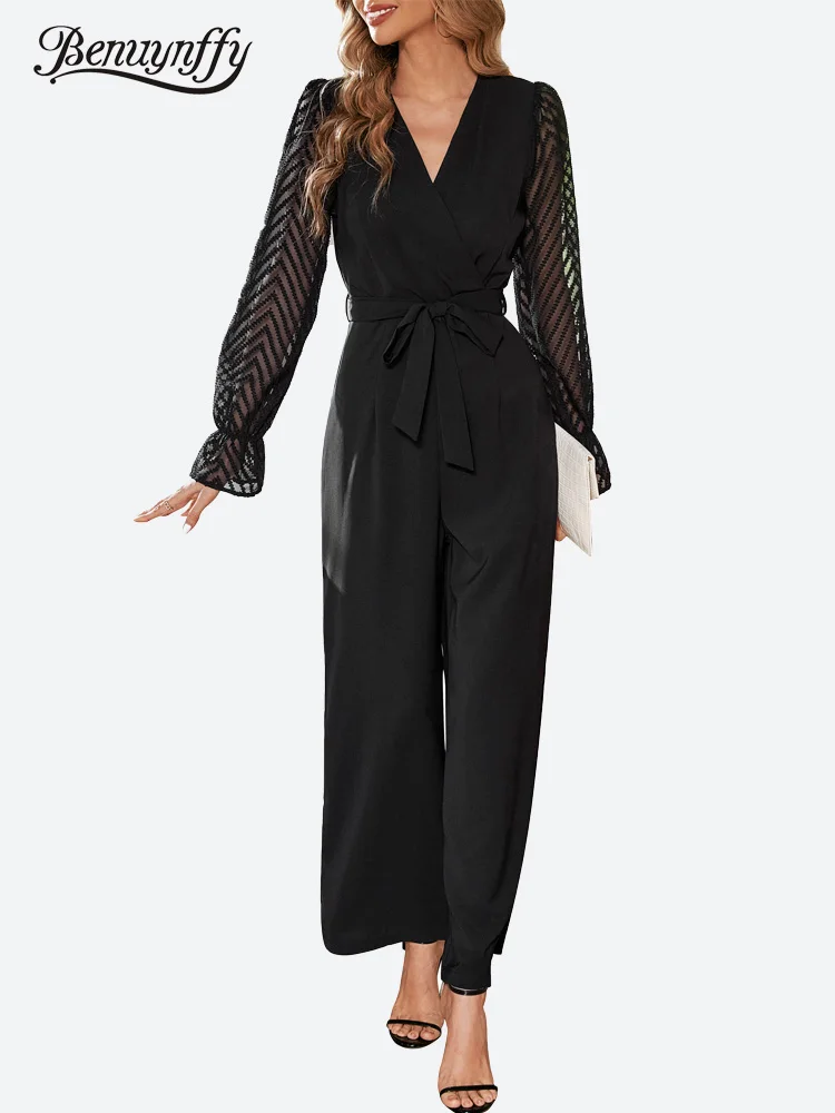 

Benuynffy Surplice Neck Mesh Long Sleeve Belted Jumpsuit for Women 2023 Spring Fall Black Elegant High Waist Wide Leg Jumpsuits