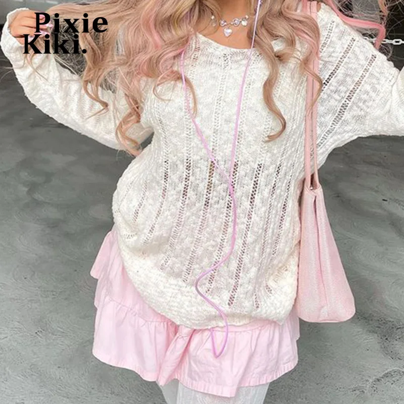 

PixieKiki Hollow Out Crewneck Sweater Autumn Winter Clothes Women Casual White Knitted Long Sleeve Y2k Tops P77-DC20