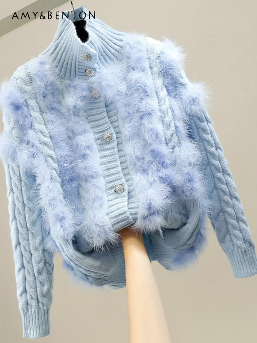 

Heavy Industry Beaded Fashion Turtleneck Cardigan Single-Breasted Feather Tassel Loose All-Match Long Sleeve Cable-Knit Sweater