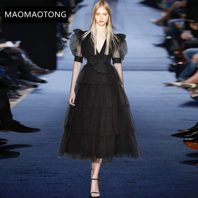 

Модное дизайнерское летнее женское платье, сексуальное женское платье с V-образным вырезом, Сетчатое черное платье с оборками и каскадными ...