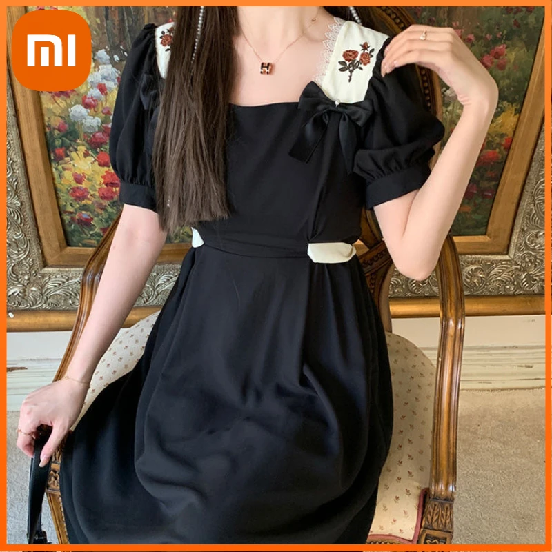 

Xiaomi French Vintage Fairy Dress Women Black Patchwork Design Gothic Midi Dress Female Elegant Floral Print Party Dresses