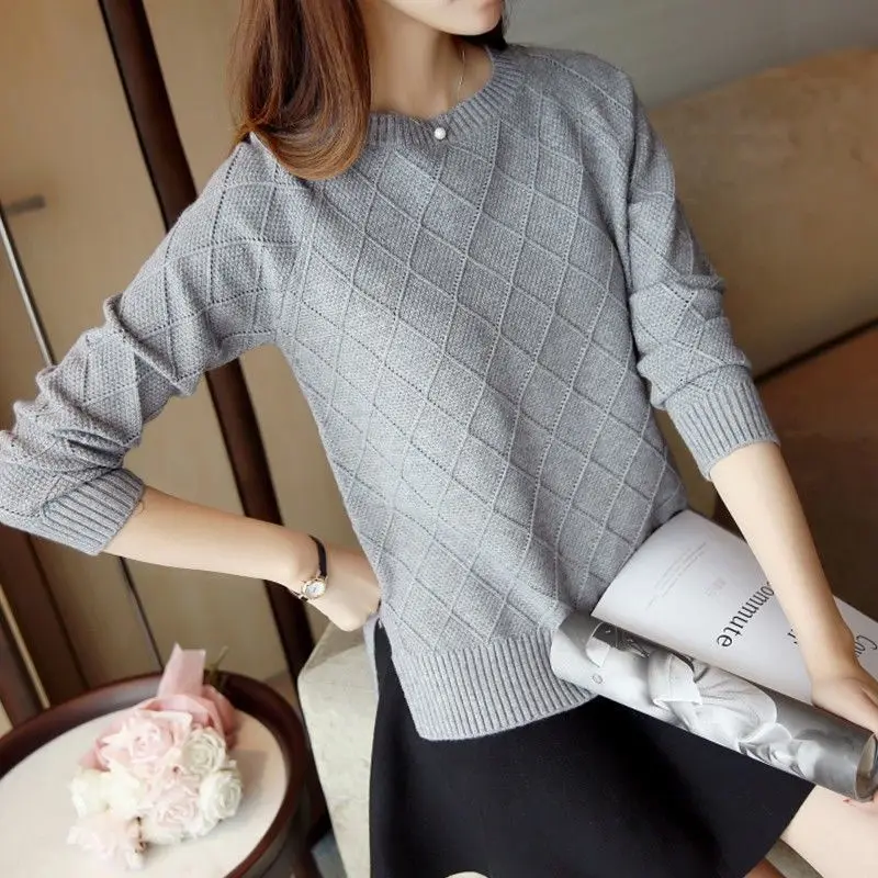 

Sweaters Women Knitted Pullover Tops Long Sleeve Female O-Neck s Solid Autumn Winter Plaid Sweater Female Pullover Tops Slim