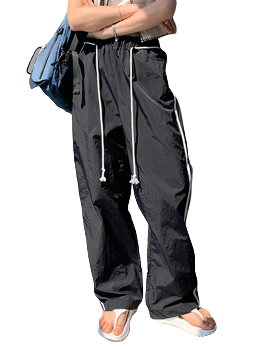 

Women s Low Rise Drawstring Waist Baggy Cargo Pants Multi-Pockets Plus Size Casual Streetwear Trousers