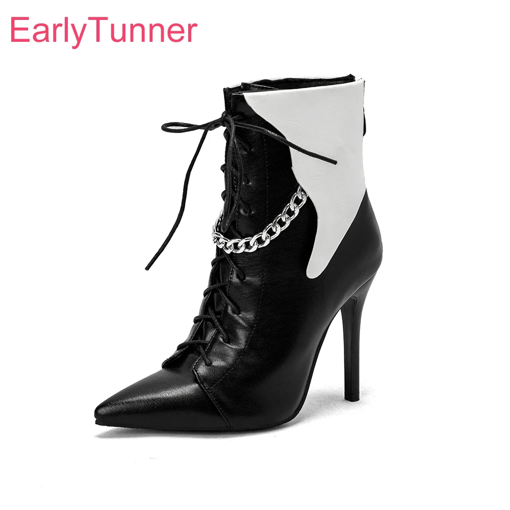 

Женские ботильоны с острым носком, черные или белые удобные ботинки-гладиаторы на высоком каблуке, зимняя обувь больших размеров 12, 43, 45, 48