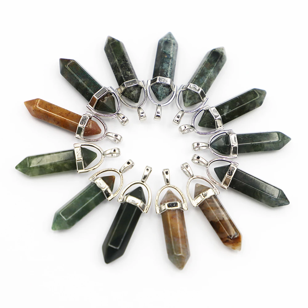 Featured Natural Gem Stone Indian Agate Pillar Point Pendants Charms Hexagonal Pendulum Reiki Charm DIY Jewelry Making Necklaces