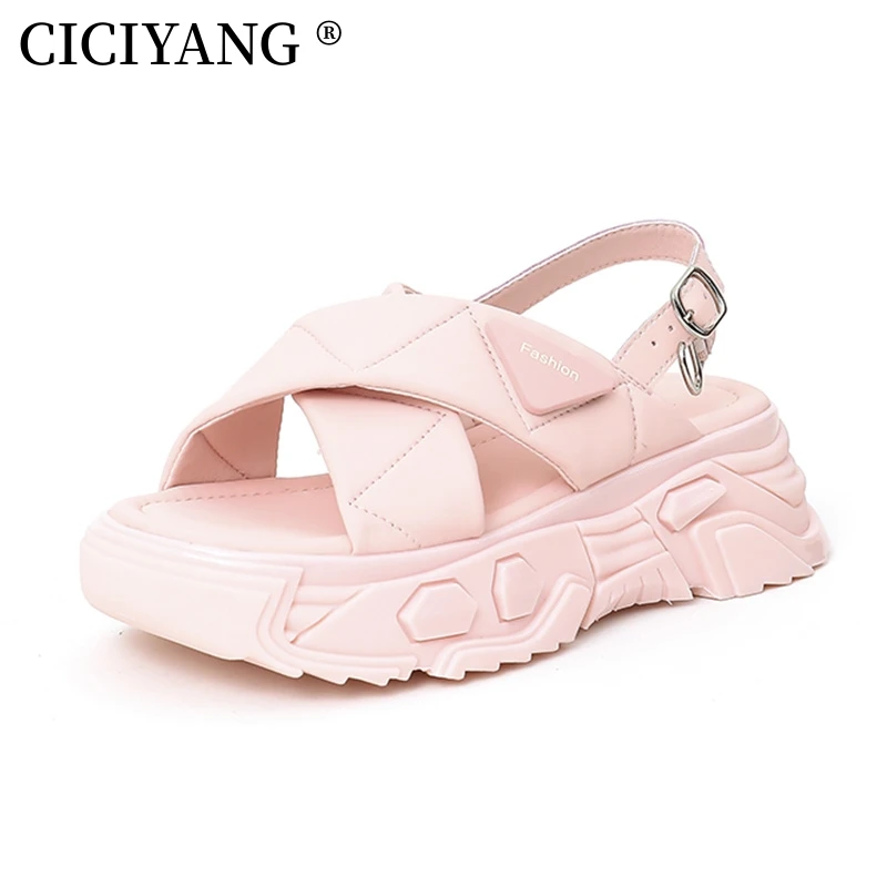 CICIYANG Chunky Platform Sandals Women Luxury Summer 2023 New Genuine Leather Girls College Style Sport Sandals Open-toed Shoes