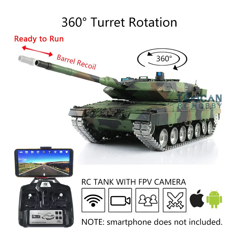 

1/16 HENG LONG 7.0 Customized Leopard2A6 RC Remote Tank 3889 Metal Tracks FPV Recoil Toucan Toys for Adults TH17595-SMT8