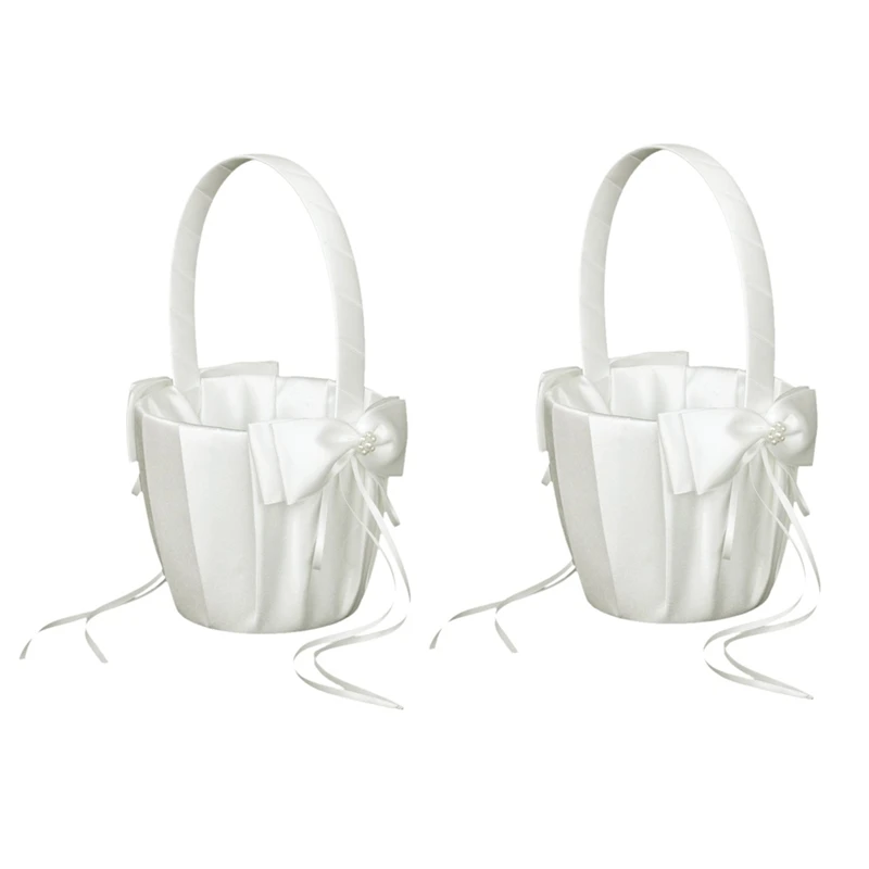 

2X Faux Pearl Flower Wedding Flower Girl Basket Bowknot Decor Ivory