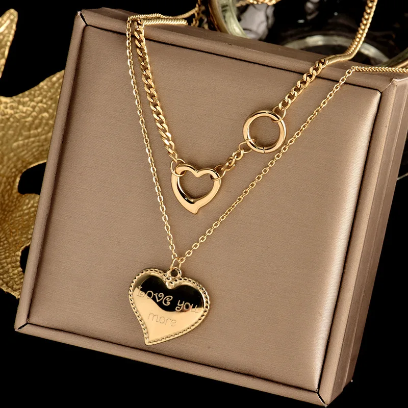 

2022 Trendy Vintage Exquisite Heart Pendant Necklaces For Women Gold Color Double Layer Stainless Steel Necklace Jewelry Gift