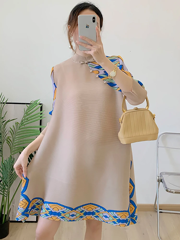 

Delocah High Quality Summer Women Fashion Runway Designer Loose Pleated Dress Half Sleeve Solid Colorblock Midi Beading Dresses