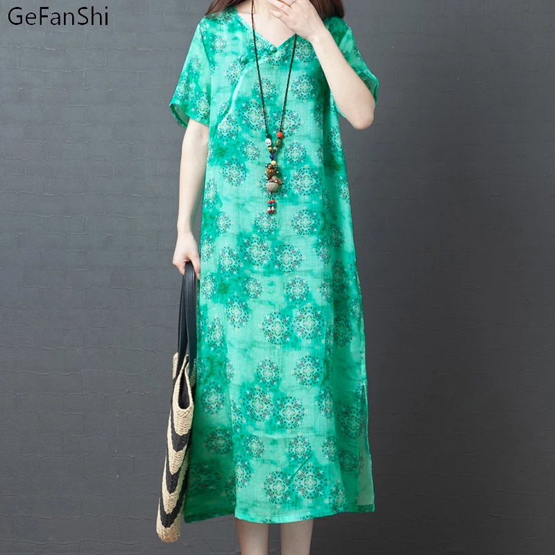 

Женское длинное платье из хлопка и льна, Элегантное повседневное свободное пляжное платье с коротким рукавом и принтом, весна-лето 2022