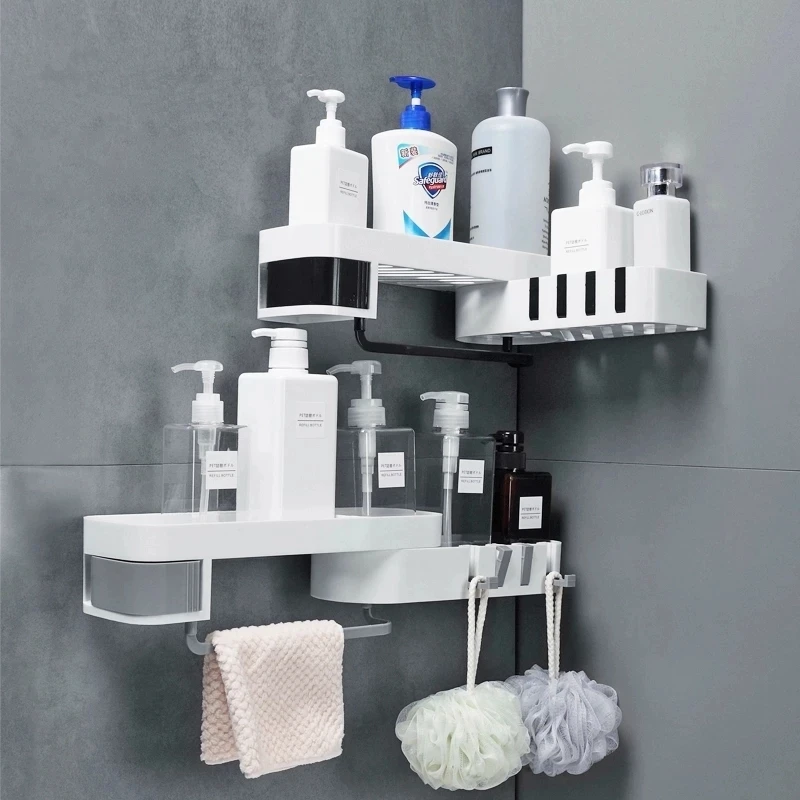

Corner Bathroom Organizer Shelf Shampoo Cosmetic Storage Rack Wall Mounted Kitchen Shelf Household Items Bathroom Accessories
