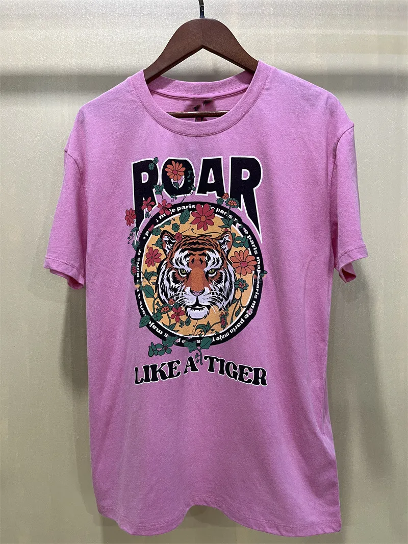 

New Pink Tiger Head Flower Lettering Printed Short Sleeve Round Neck T-shirt Woman Tops Y2k