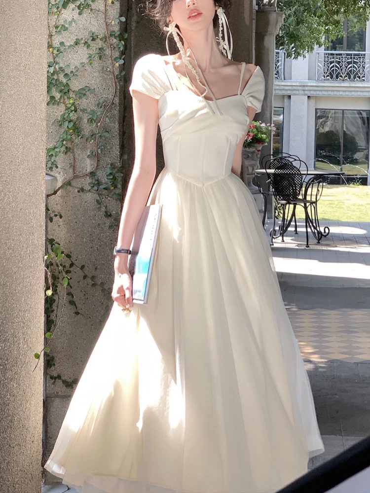 

Pure Color French Elegant Dress Office Lady 2023 Summer Short Sleeve Fairy Midi Dress Casual Fashion Evening Party Dress Woman