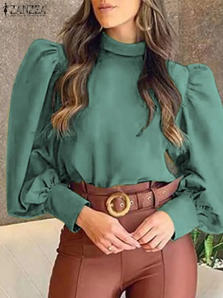 

Женский офисный топ с рукавами-фонариками и круглым вырезом