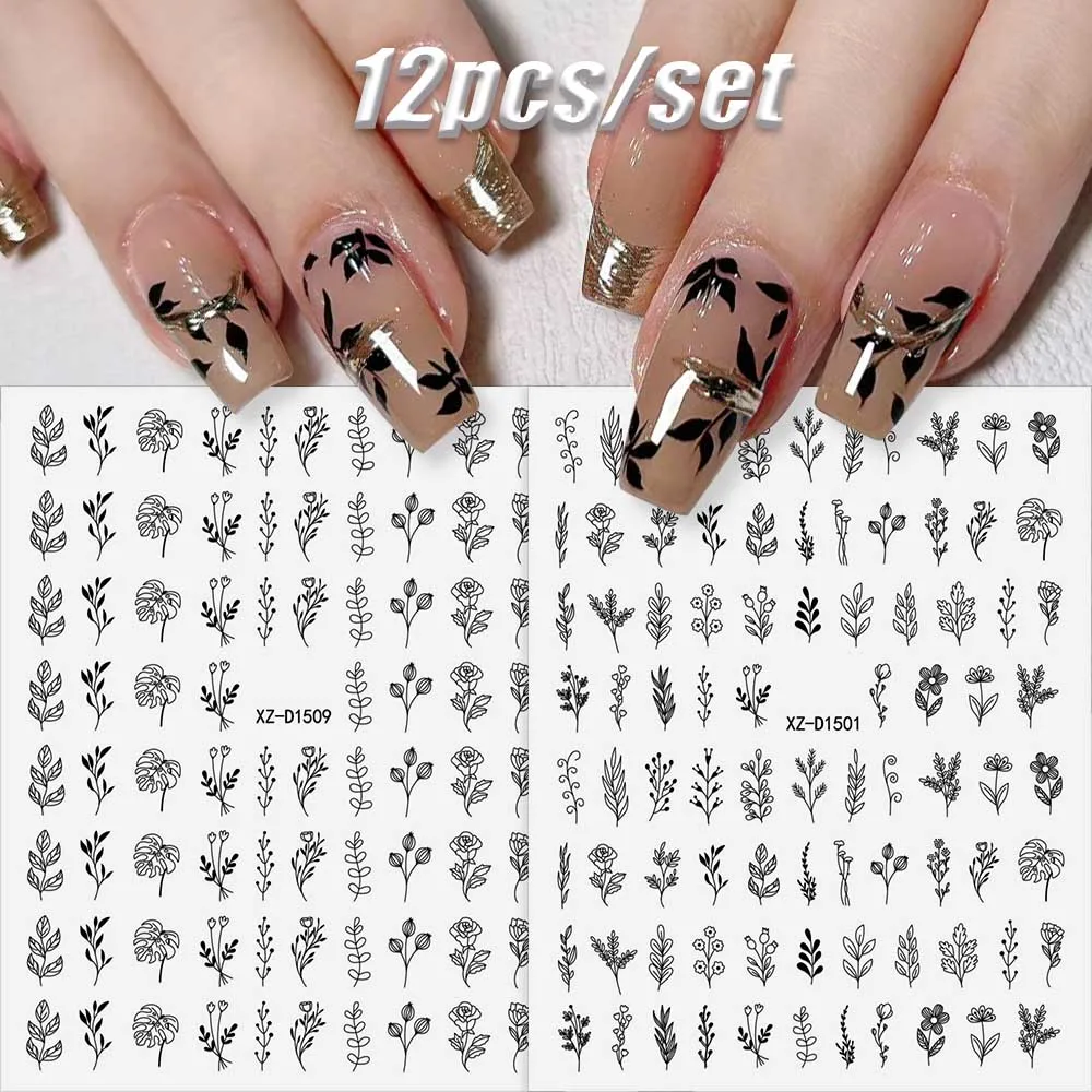12 шт./компл. черно-белые чернила наклейки для ногтей с растениями и цветами роза