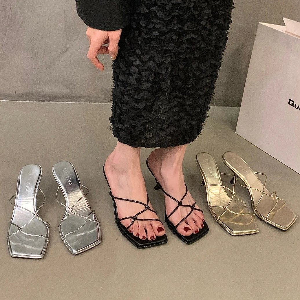 

Fashion Female Open Toe High Heel Women Slippers 2023 Summer Thin Heel Sandal Slip on Cross Strap Slides Outdoor Sexy Pumps G73