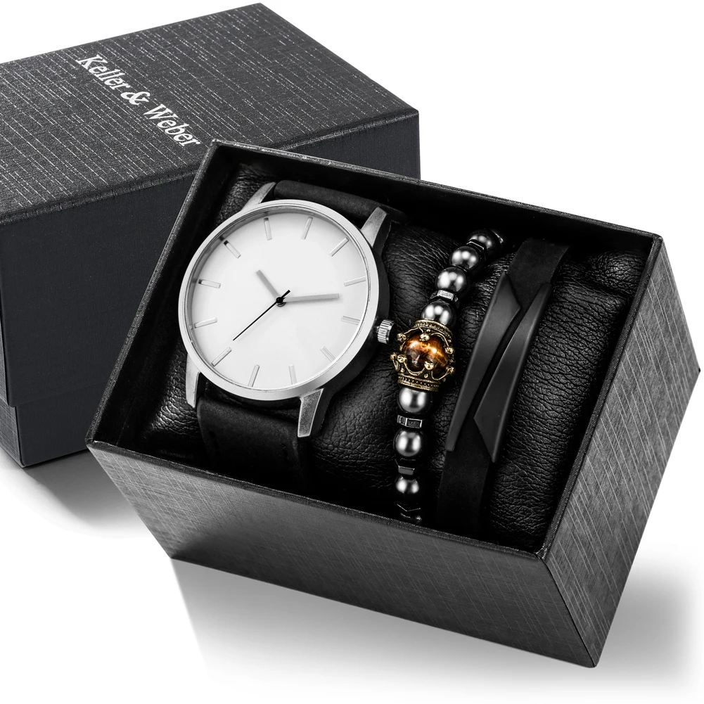 

Leisure Men Watch Gift Box Exquisite Bracelet Bead Chain White Large Dial Generous Quartz Watches Set Birthday Gift for Husband