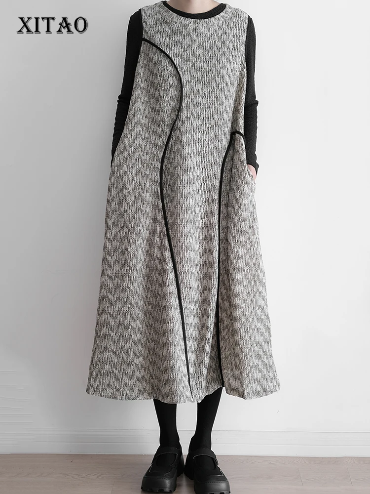 

XITAO Vintage Folds Sleeveless Dress Fashion Irregular Line Splicing Simplicity Decorate Women Autumn Temperament New ZY7973