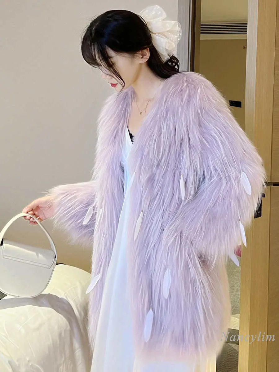 2022 New High Quality Green Faux Fur Coat Women Winter Imitation Fox Fur Long Korean Style Pearl Tassel Thickened Warm Overcoat