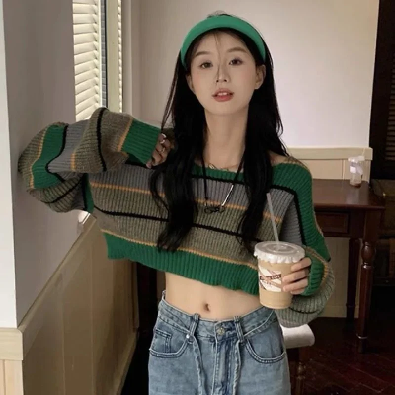 

Deeptown Harajuku Cropped Striped Sweater Women Vintage Female Knitted Jumper Korean Fashion Green Knitwear Loose Streetwear