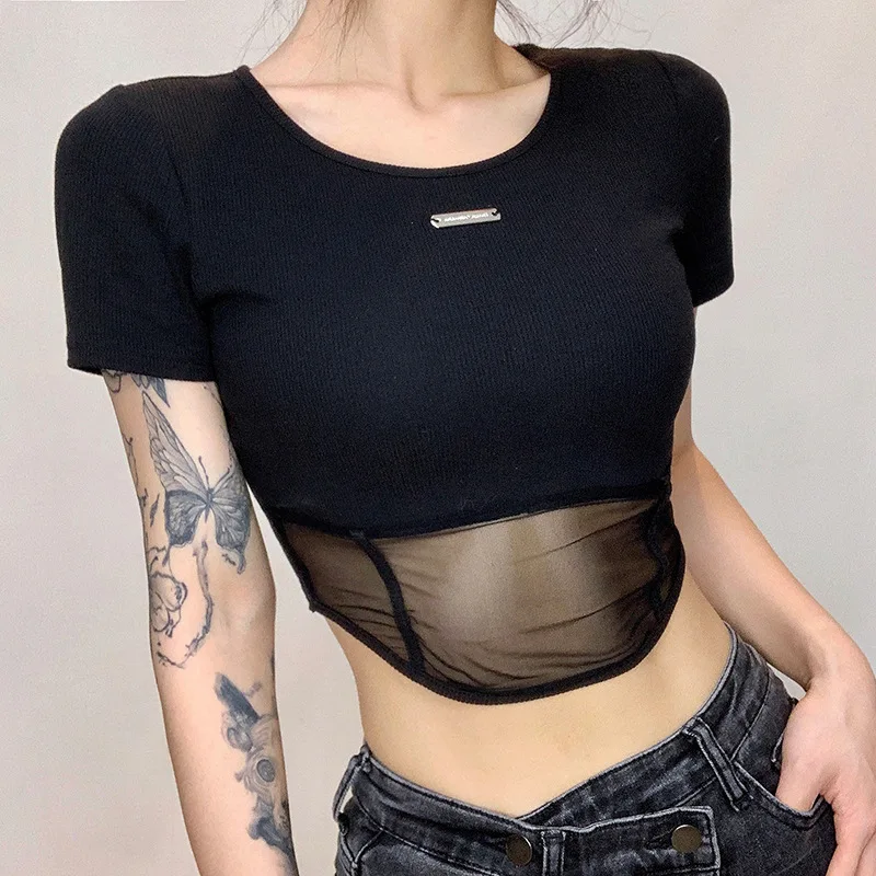 

2023 Summer New Street Hot Girl Perspective Mesh Stitching Slim Navel Short Small Standard Solid Color Short-sleeved T-shirt Top