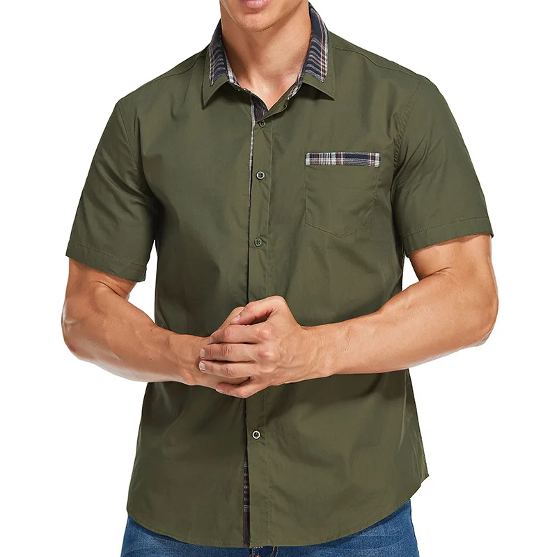 

Men Shirt Summer Fashion Loose Solid Color Plaid Cardigan Shirt Men's Casual Short Sleeve Single-Breasted Turn-down Collar Shirt