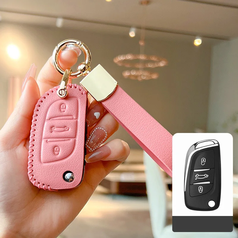 

Genuine Leather Pink Car Key Case Cover for Peugeot 3008 308 408 407 5008 For Citroen C1 C2 C3 C4 C5 DS3 DS4 DS5 DS6