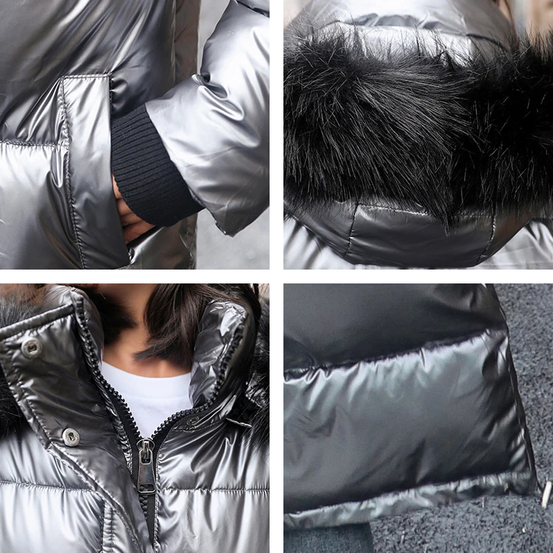 Women X-long Oversize Blue Down Jackets Thick Casual with Fur Parkas 2021 Winter Female Down Coats Hooded Solid Warm Snow Coats