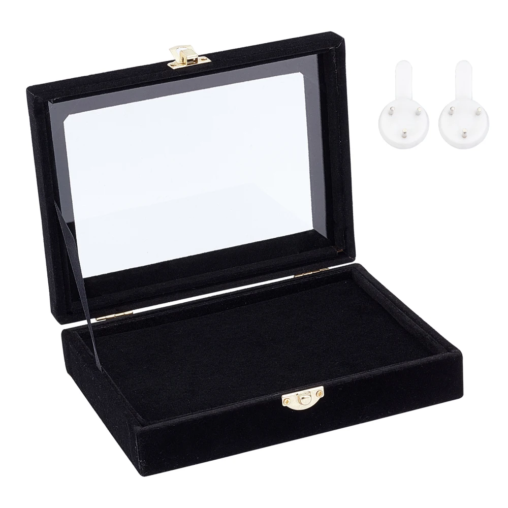 Square Wooden Presentation Boxes with Glass Window Black Velvet Pin Display Case for Jewelry Badge Storage Organizer Holder Show