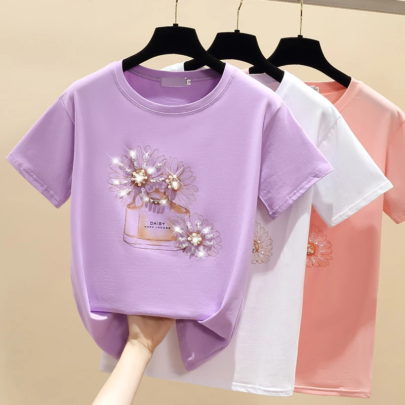 

New Fashion Perfume Bottle Print Loose T-shirt For Women 2022 Summer Small Daisy Short Sleeve Sun Flower Beading Cotton Tees Top