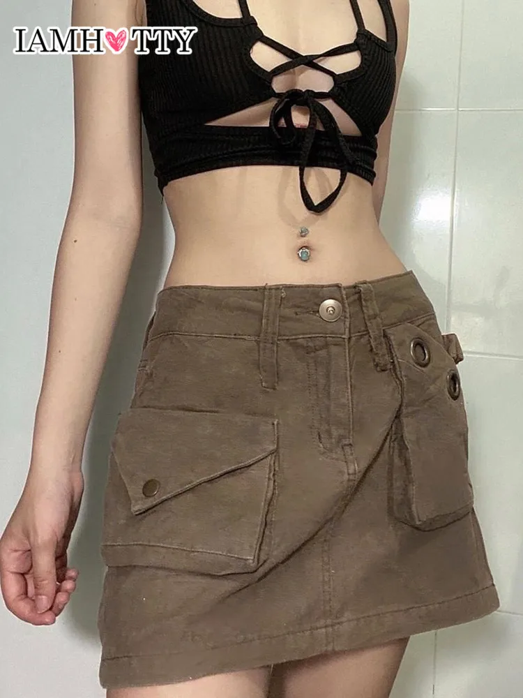 

IAMHOTTY Pockets Patchwork Khaki Cargo Skirt Women Vintage Grunge Mini Skirts High Waist Casual Bottoms Straight Denim Skirt