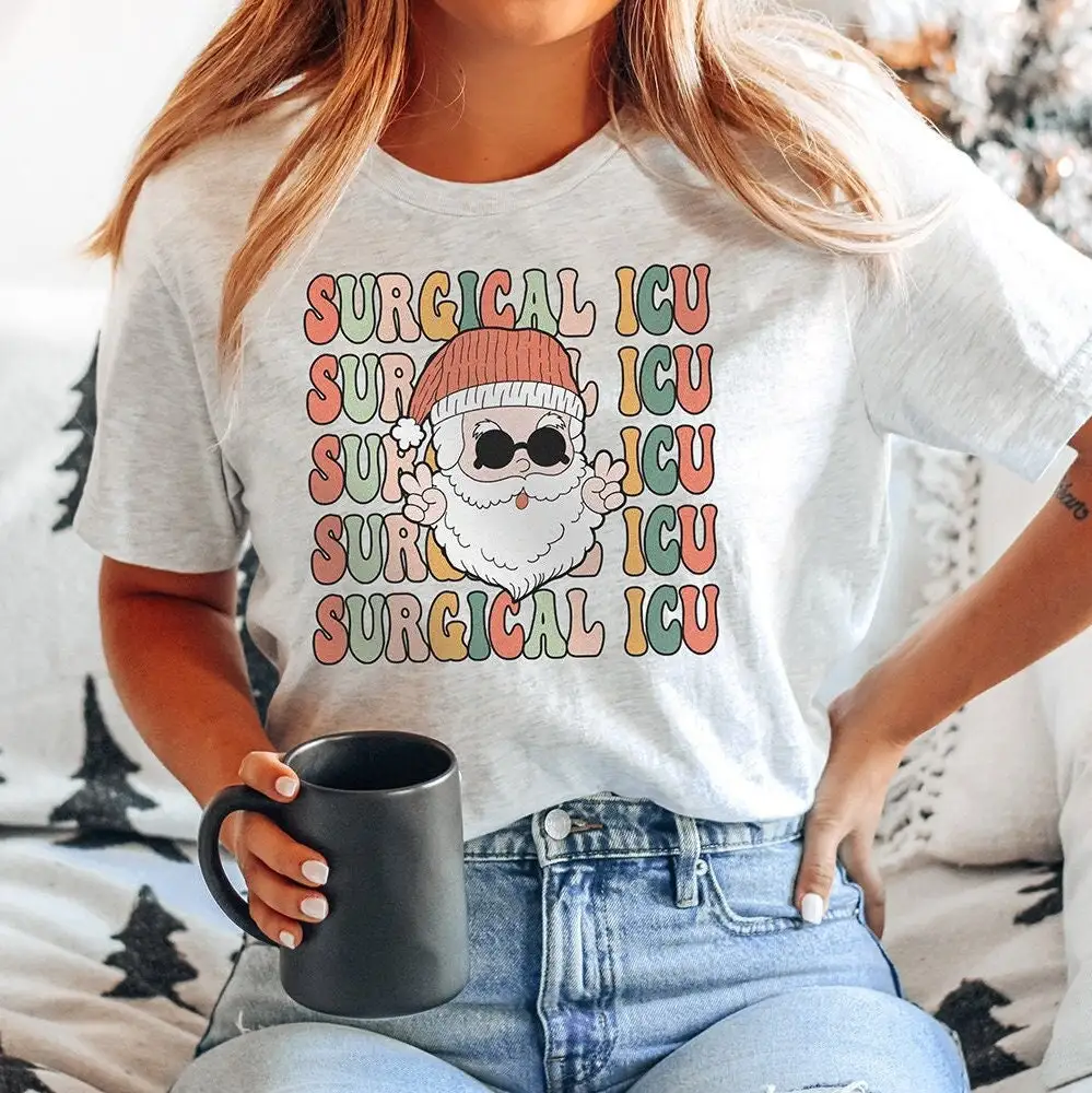 Ретро Sicu Рождественская футболка Забавная хирургическая Icu Медсестра Rn Tech Xmas