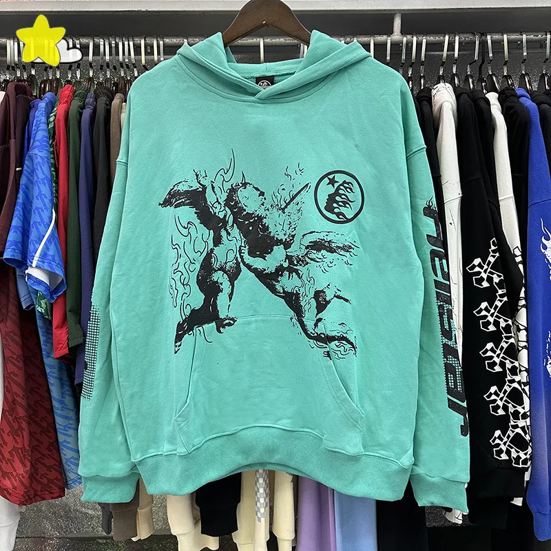 

Мужские и женские парные повседневные зеленые толстовки с капюшоном Hellstar для мужчин и женщин, хлопковые свитшоты 1:1, пуловеры с бирками внутри