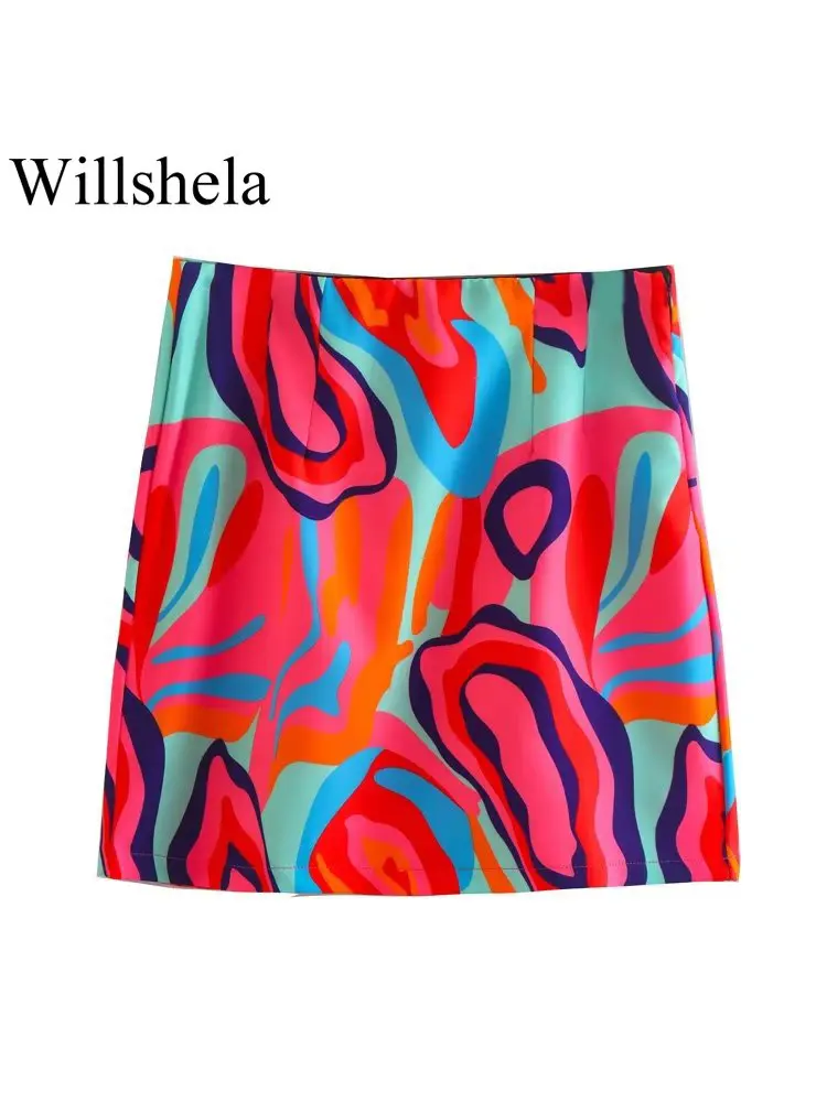 

Willshela Женская мода с принтом сбоку мини-юбка на молнии винтажная Высокая талия женские шикарные юбки Mujer наряды
