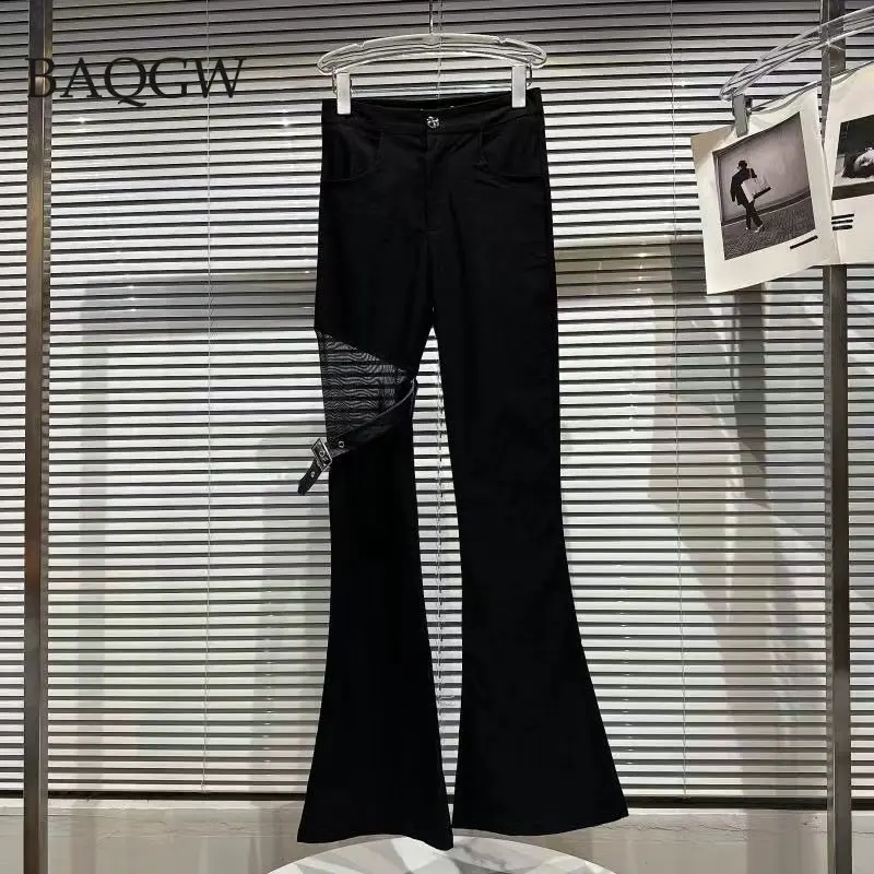 Mesh Sheer Patchwork Hollow Out Long Trousers for Women High Waist Slim Spliced Button Flare Pants Female Fashion Clothing New