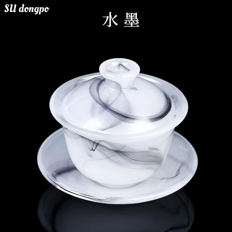 

Ink Colored Glass Sancai Covered Bowl Tea Cup Non Hot Glass Imitation White Jade Porcelain Tea Making High-end Tea Set