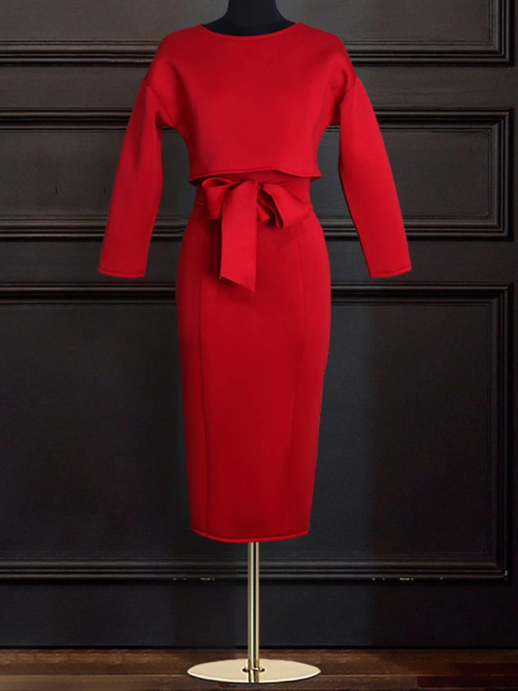 

2 Piece Set Fashion Women Spring and Autumn Red Dress Bow Belt Casual Long Sleeve O-Neck Robe Vesto De Mujer Dresses for Ladies