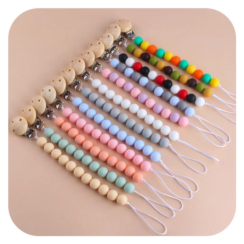 

Baby Pacifier Clips Silicone Beads Wooden Teething Chain Infant Nipple Clamp Dummy Holder Nipple Clip Newborns Chew Accessories