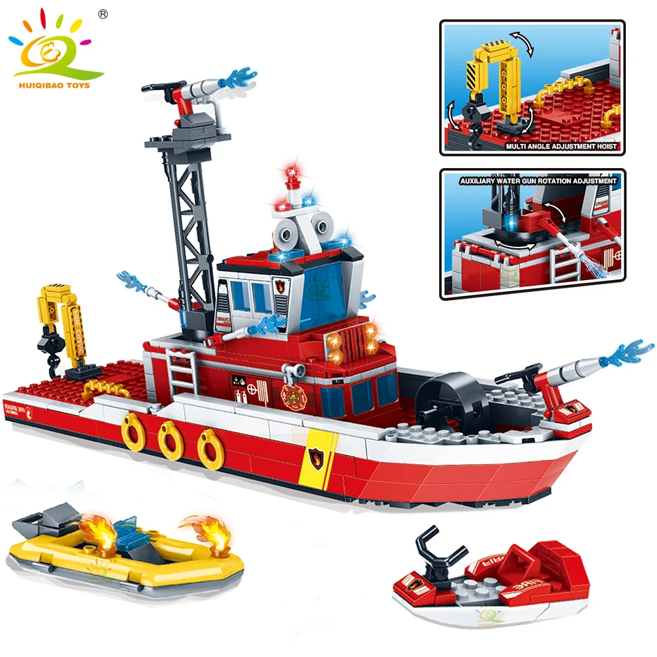 

HUIQIBAO 408pcs Fire Fighting Ship Building Blocks City Rescue Boat Bricks with 3 Fireman Figures Construction Toys For Children