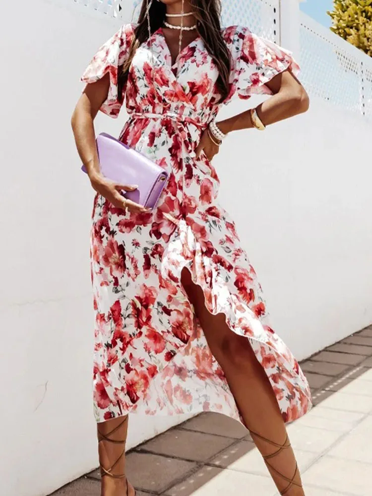 

Elegant Print Ruffle Sleeve Summer Chiffon Dress Fashion V Neck Belt Women Loose Long Dress 2022 Casual Beach Irregular Dress