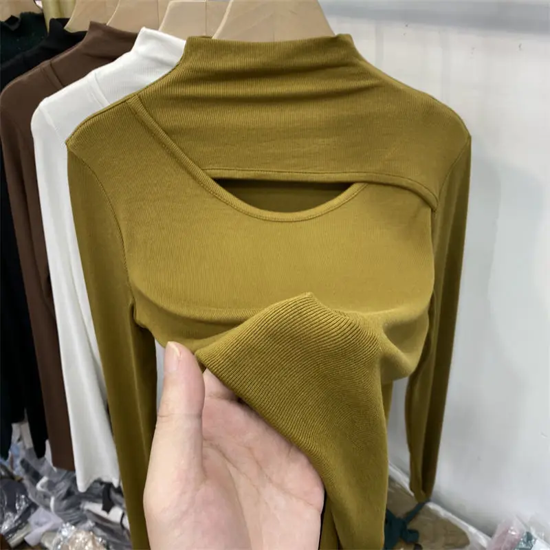 

Women's Clothing Cotton Bottoming Shirt Long Sleeved T Shirts Spring Fall Slim Top Ropa De Mujer Sexy Hollow Out T-shirt E354