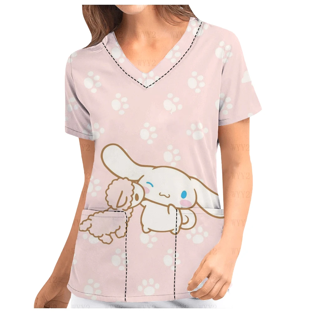 

Women's Casual Loose Hospital Work Uniform CinnamorollV-Neck Print Scrub Top Dental Pet Shop Nurse Care Worker T-Shirt