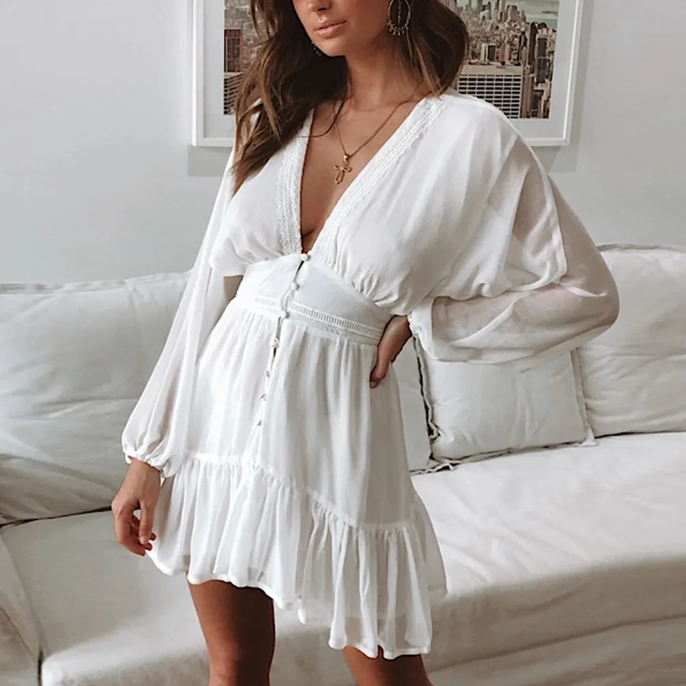 

Новинка 2023 женское платье Бохо белое INS сексуальное прозрачное кружевное лоскутное платье с V-образным вырезом