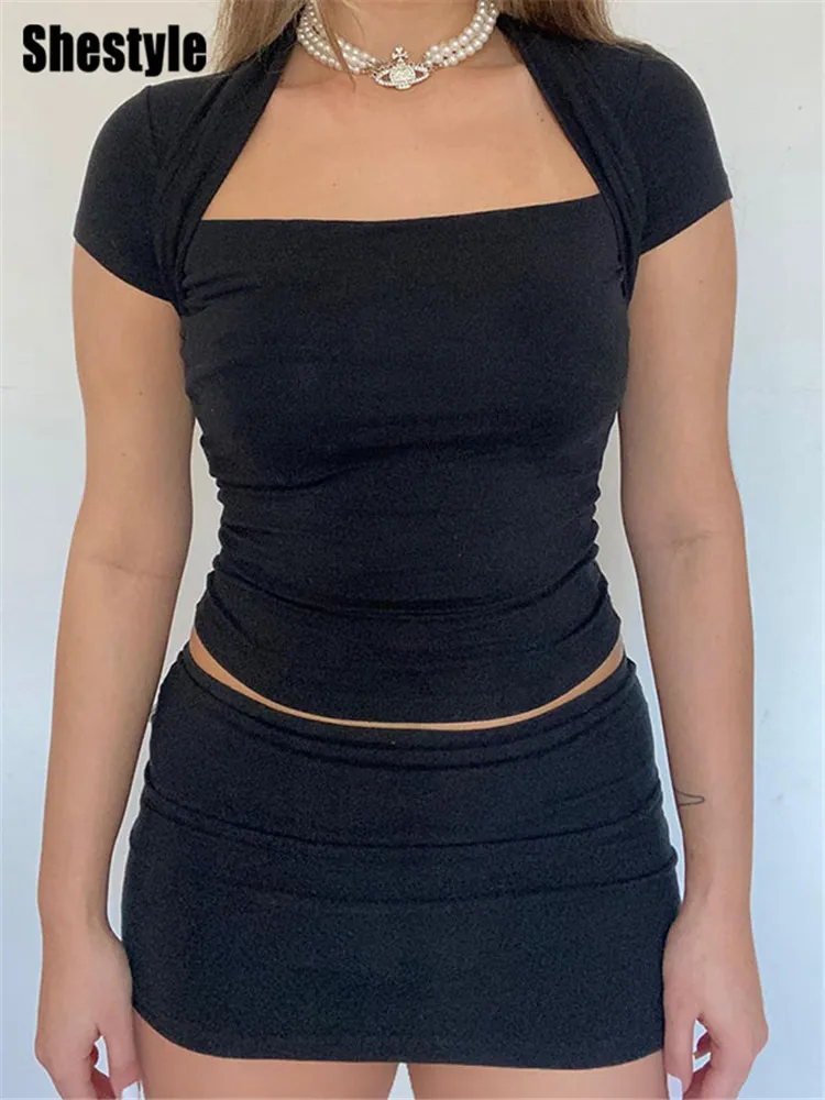 

Shestyle Solid Crew Neck T-Shirt Women Black Sexy Cute New Arrival 2023 Streetwear Y2K Vacation Aesthetic Crop Tops Casual